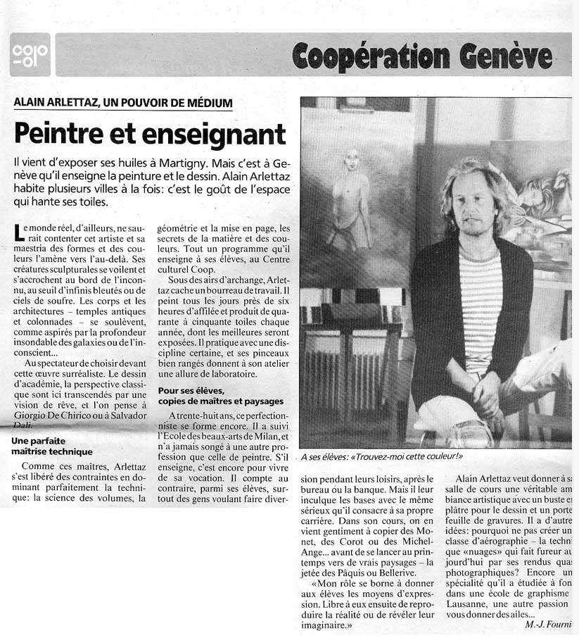 Article de Coopération Genève, « Peintre et enseignant », Alain Arlettaz assis dans son atelier