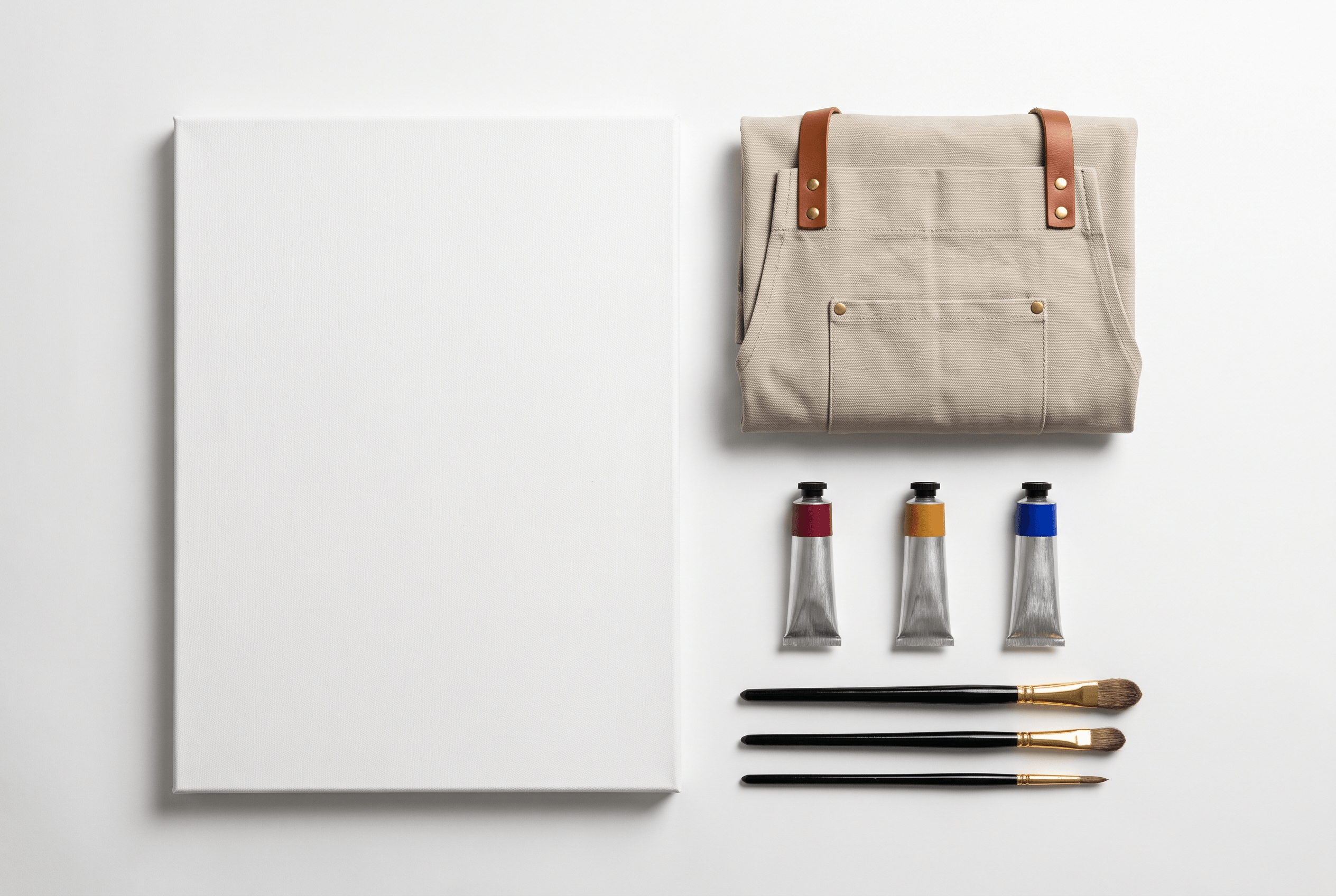 La toile, le tablier, trois tubes de peinture et trois pinceaux fournis pour le cours