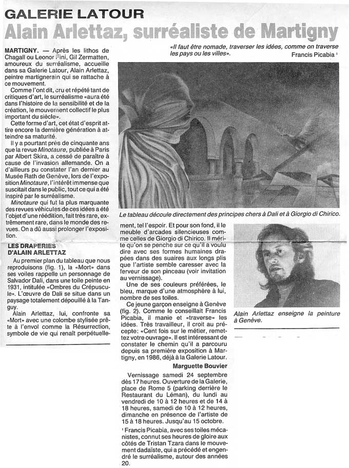 Article de Marguette Bouvier, « Alain Arlettaz, surréaliste de Martigny », avec un tableau et un portrait du peintre