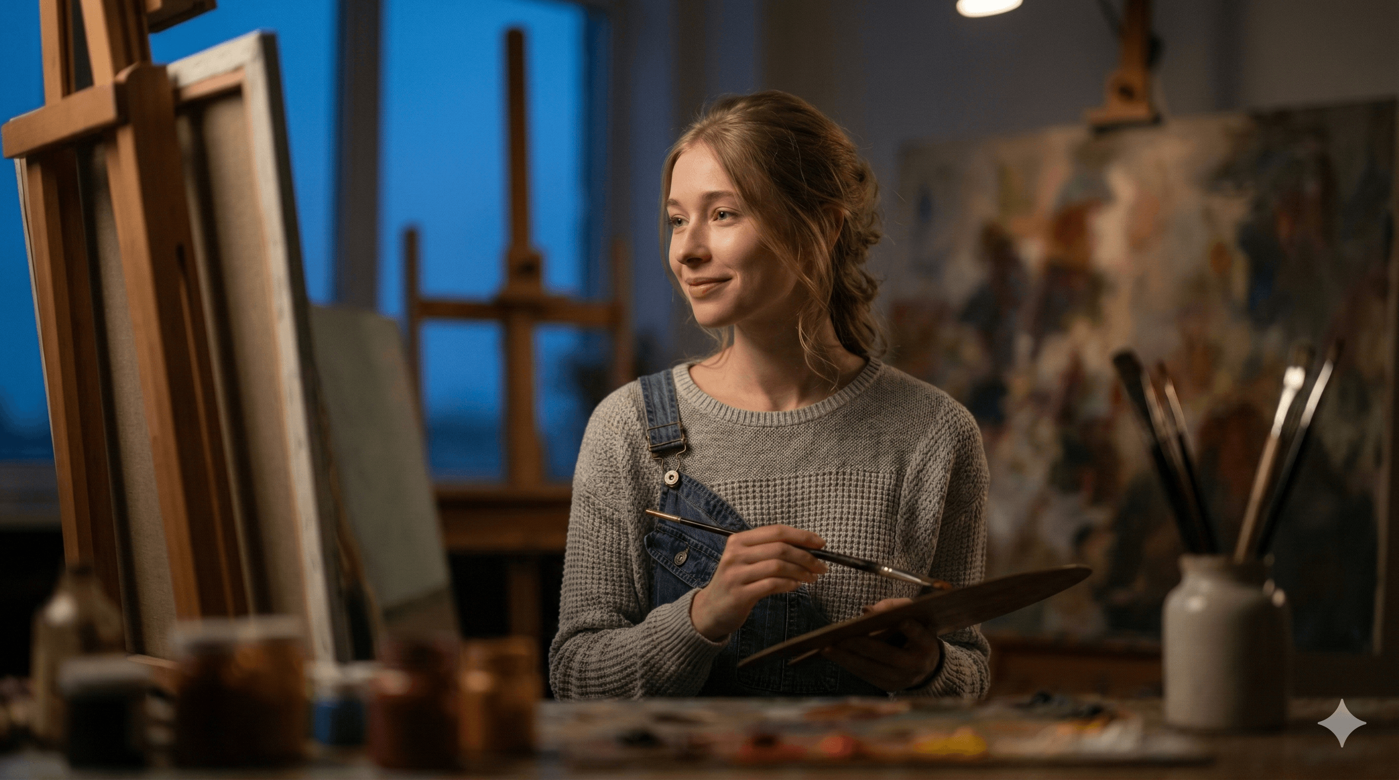 Une élève sourit devant son chevalet, pinceau et palette en main, dans un atelier